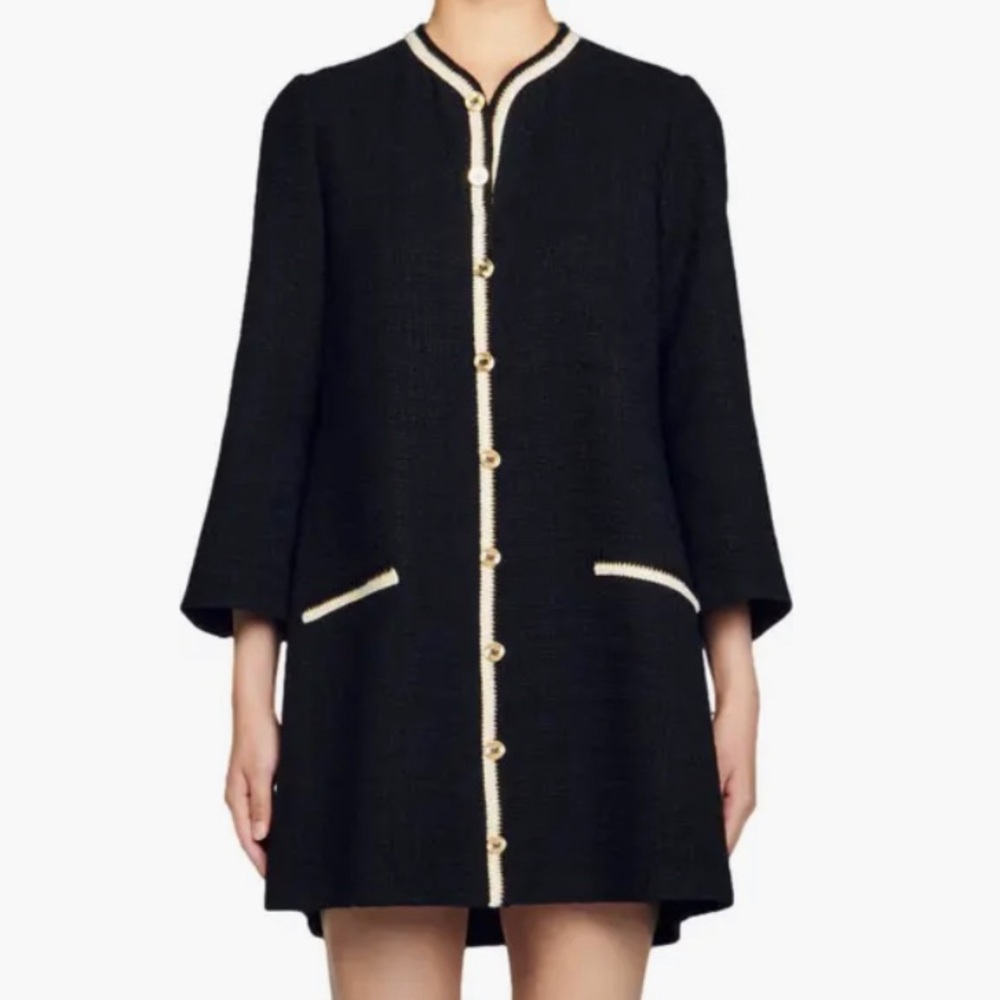 Sandro Black Tweed Coat Dress with Cream Trim